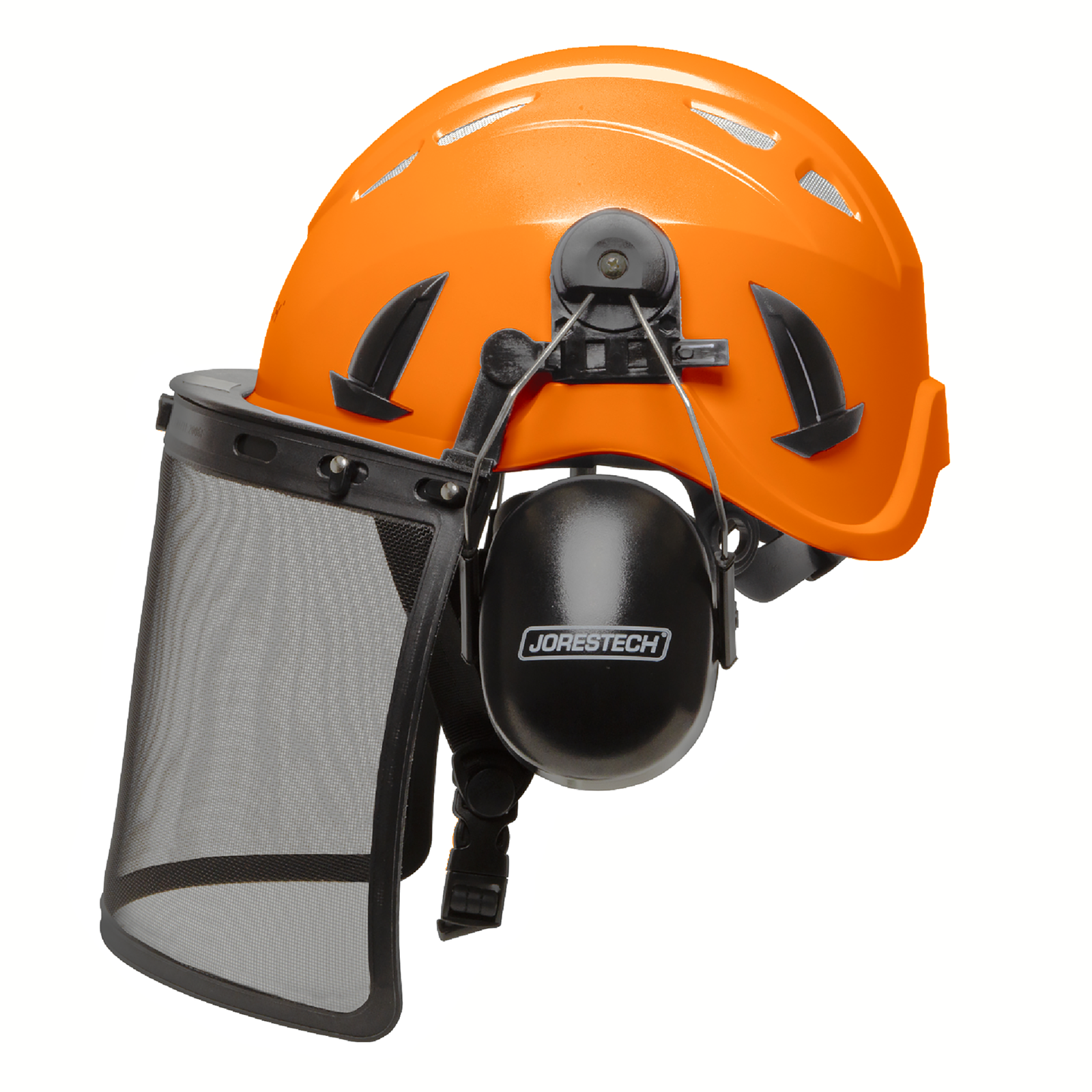 Side view of the orange ventilated safety helmet with with iron face mesh shield and earmuffs over white background