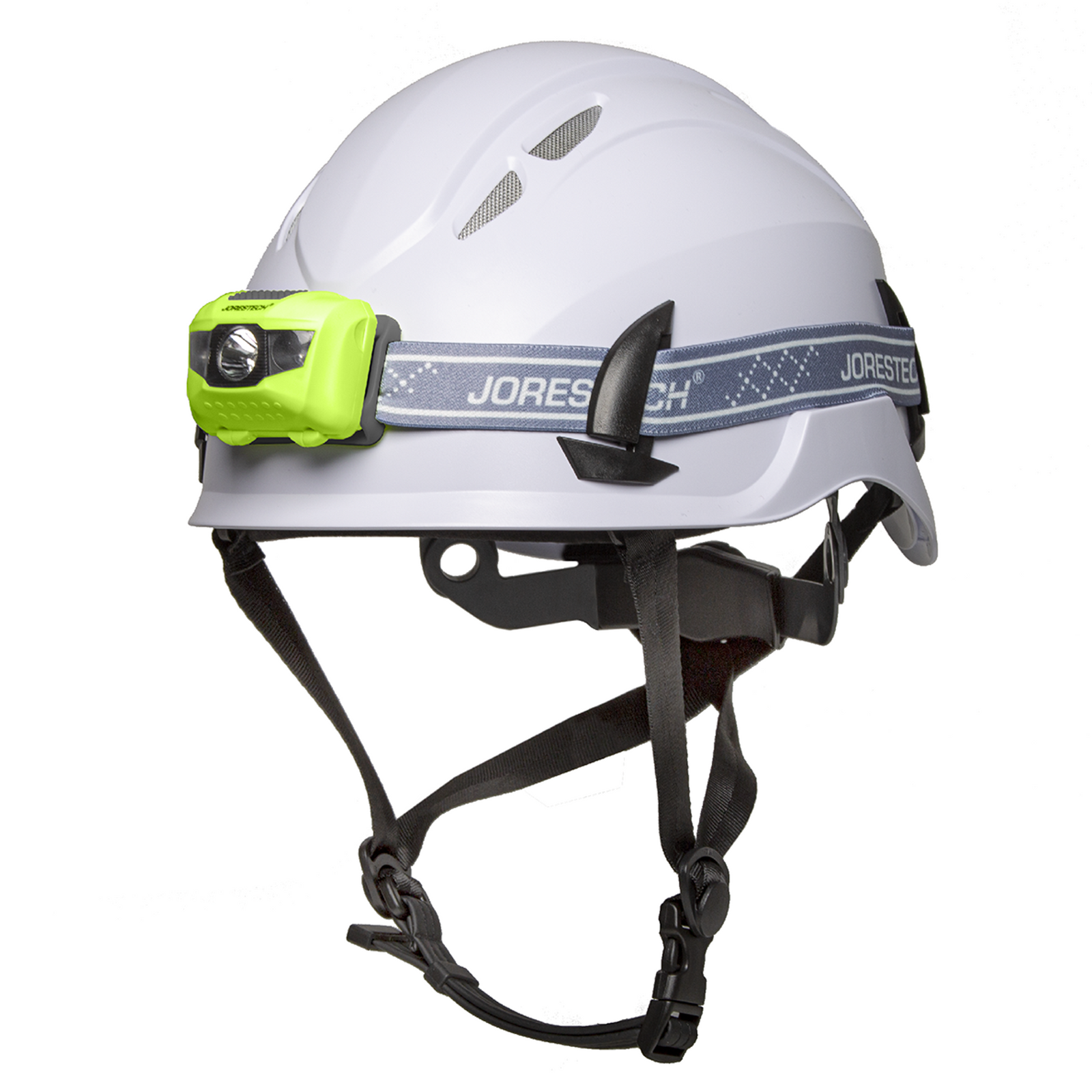 Diagonal view of a white ventilated hard hat Class 1 Type C with chin strap and a lime water resistant headlamp bundle