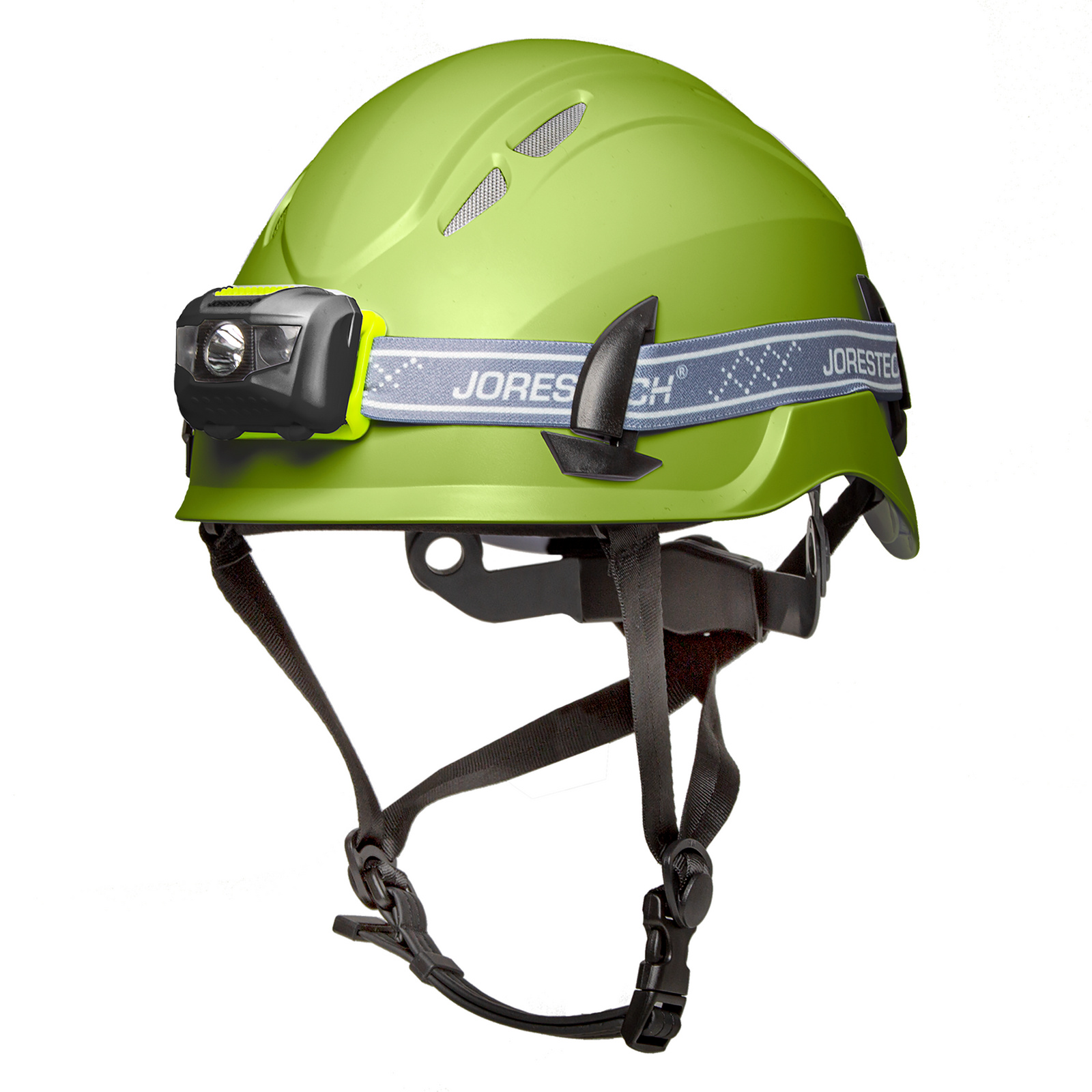 Diagonal view of a lime ventilated ANSI hard hat with chin strap and a black water resistant headlamp bundle