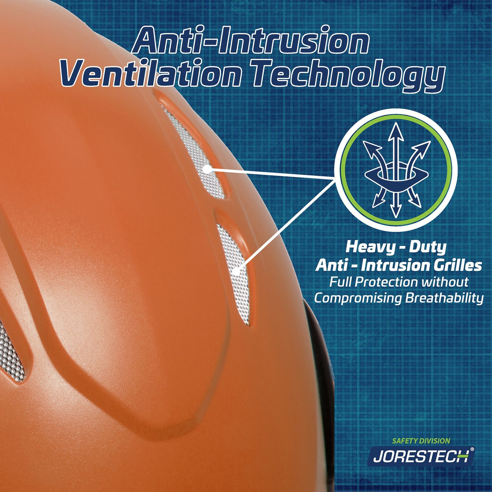 Close up of the orange JORESTECH ventilated hard hat class 1 type C showing the ventilated grilles. Text title reads: anti intrusion ventilation technology. Secondary text with icon reads: Heavy duty anti intrusion grilles full protection without compromising breathability.