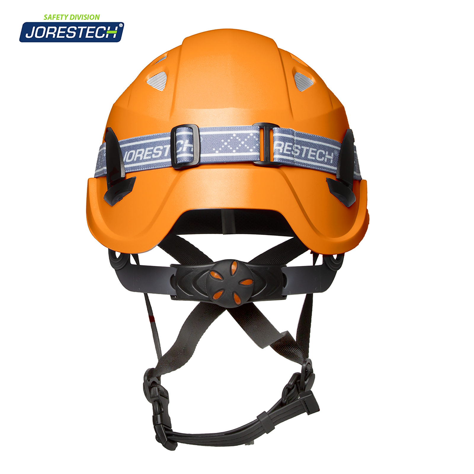 Back view of an orange JORESTECH ANSI compliant hart hat with ventilation showing the adjustable strap of a head lamp.