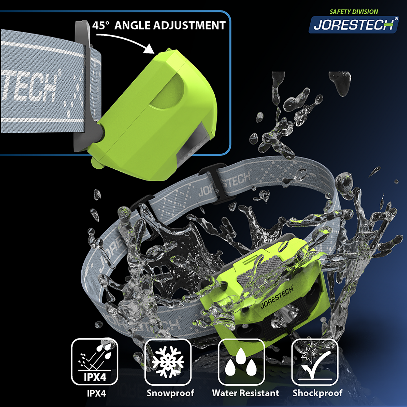Features a lime JORESTECH head lamp with gray elastic size adjustable head band splashed with water. Also shows the side of the lime head lamp tilted 45 degrees forward with text that reads: 45 degrees adjustment. White icons on the bottom of the banner read: IPX4, snow-proof, water resistant. shockproof . The hole banner has a back and blue background