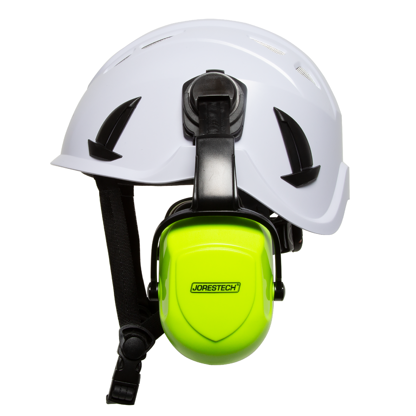 Side view of the white ventilated JORESTECH ANSI compliant hard hat with mounted lime ear muffs over white background