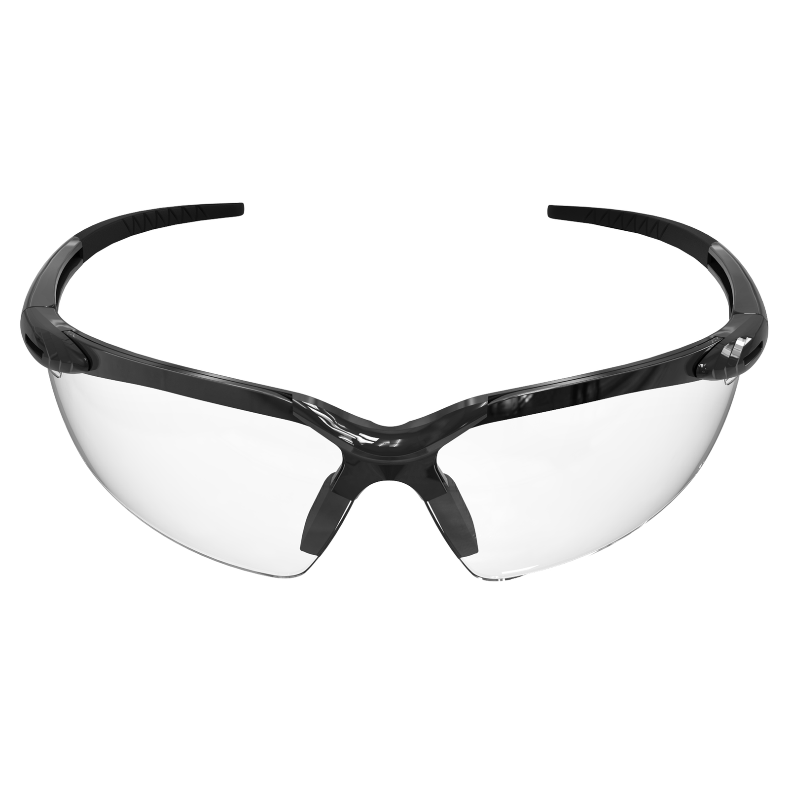 Wrap around high impact safety glasses with flexible rubber temple with clear lenses and black frame and temples