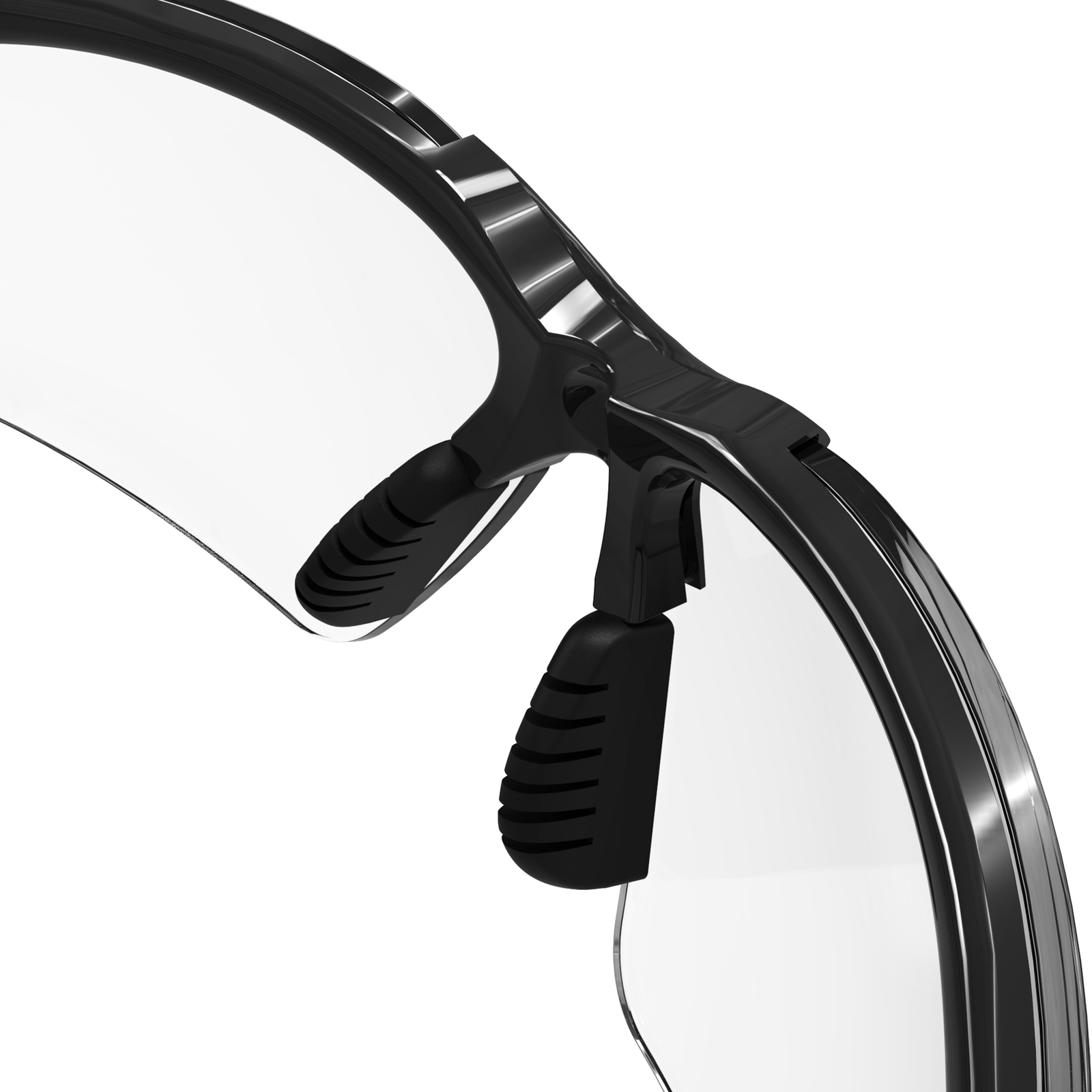 Image of the soft adjustable nose bridge of the JORESTECH polycarbonate safety glasses with flexible rubber temple clear lenses and black frame 