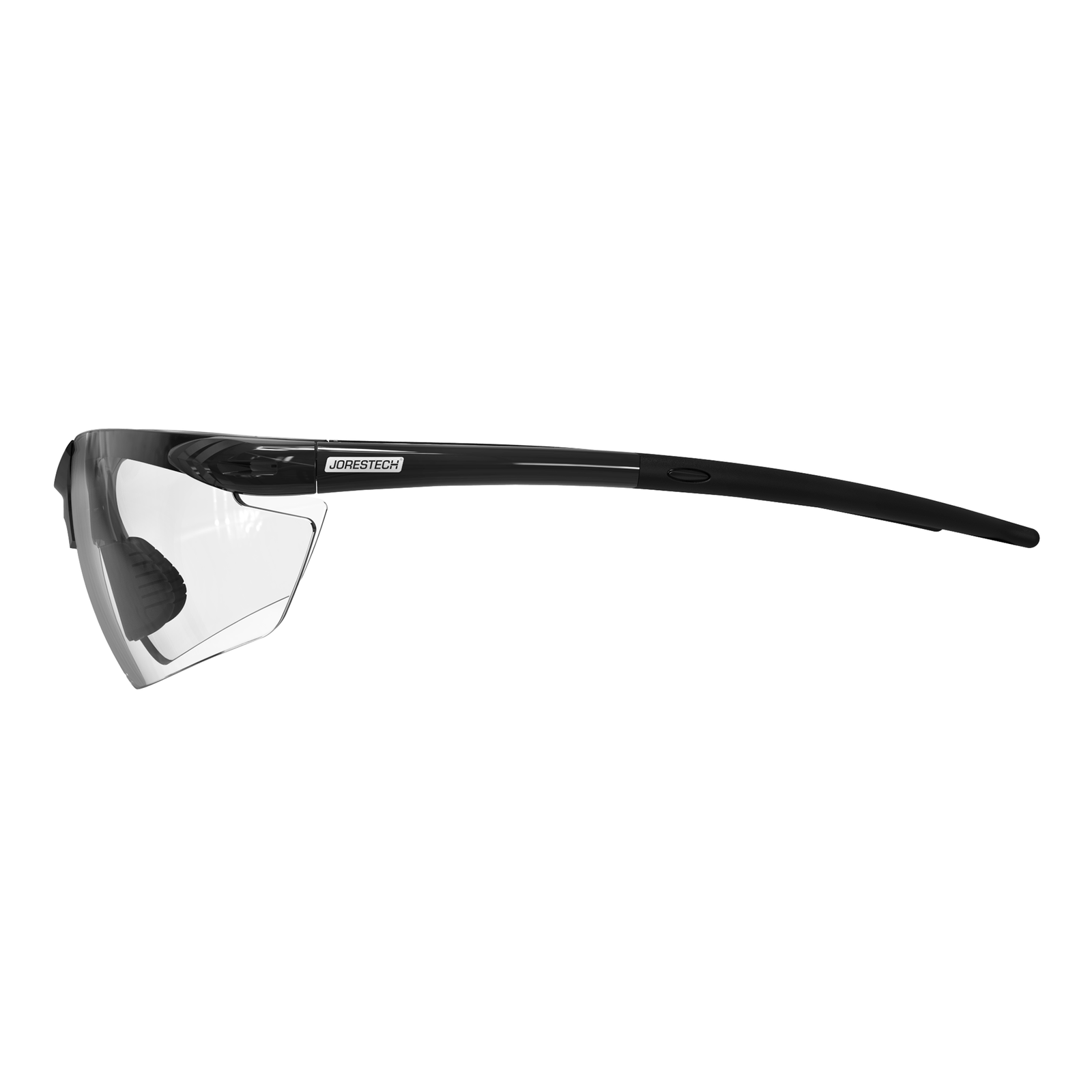 High impact polycarbonate safety glasses with flexible rubber temple with clear lenses and black frame and temples