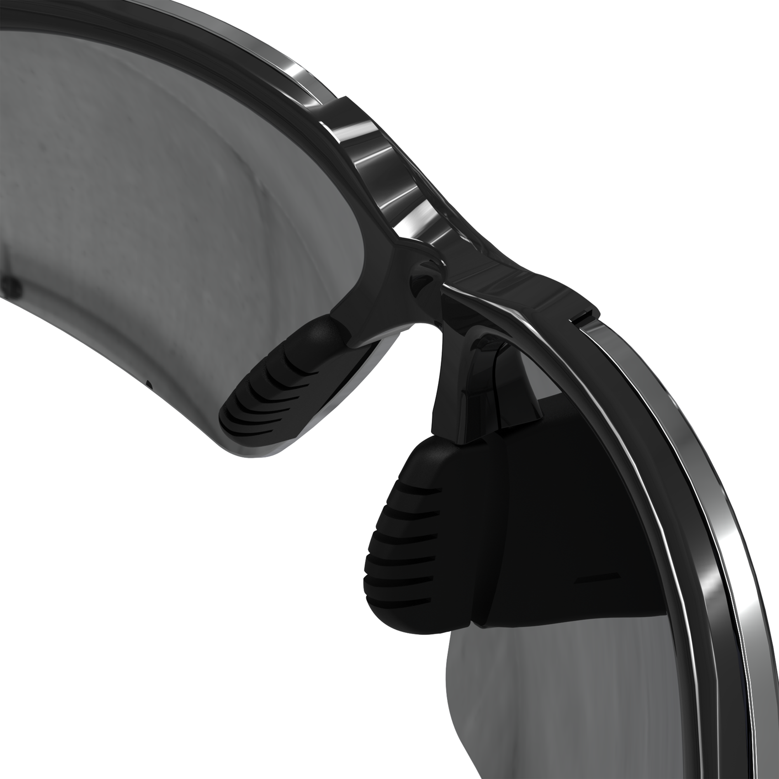 Close up of the soft adjustable nose bridge of the JORESTECH high impact safety glasses with flexible rubber temple smoke lenses and black frame