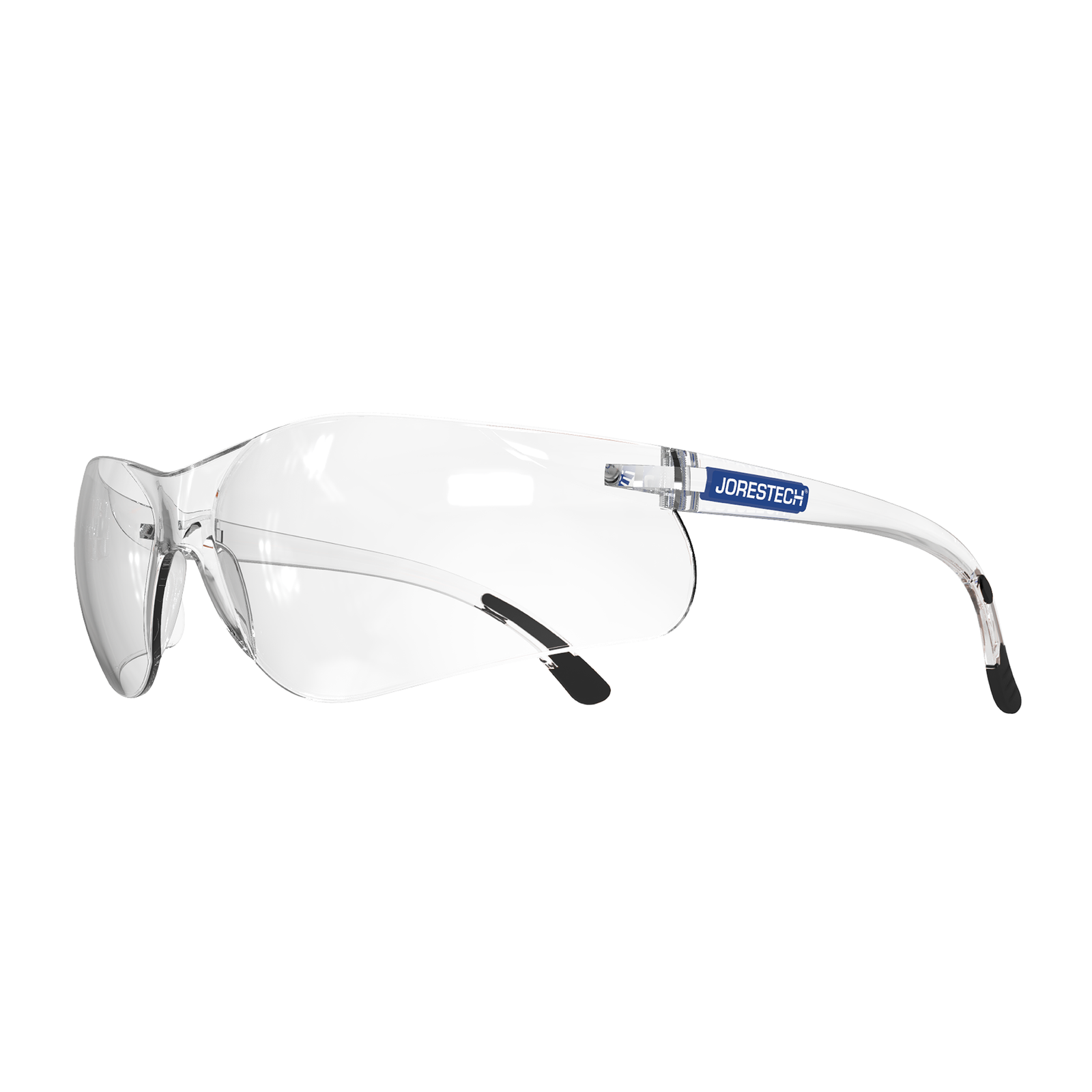 Diagonal view of the clear JORESTECH wraparound safety glasses for high impact protection with black rubberized temple tips. 