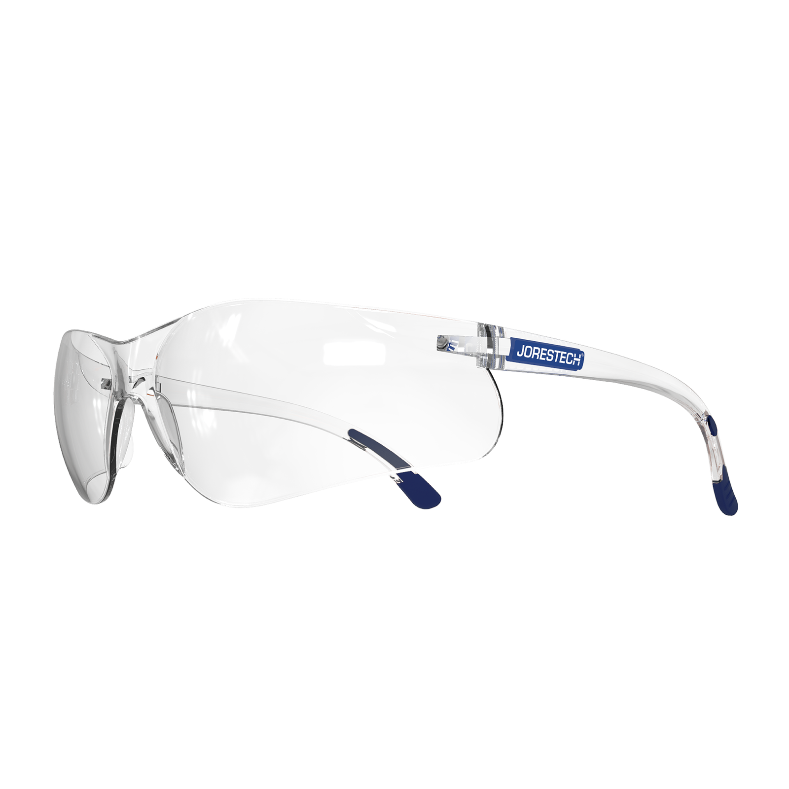 Diagonal view of the clear JORESTECH wraparound safety glasses for high impact protection with blue rubberized temple tips. 