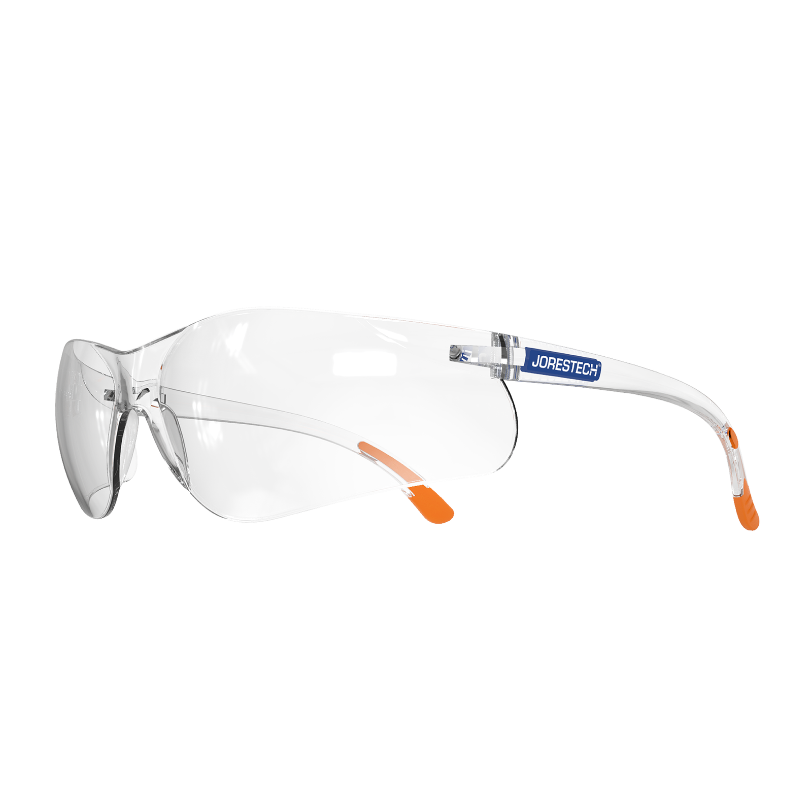 Diagonal view of the clear JORESTECH wraparound ANSI Z87+ compliant safety glasses for high impact protection with orange rubberized temple tips. 