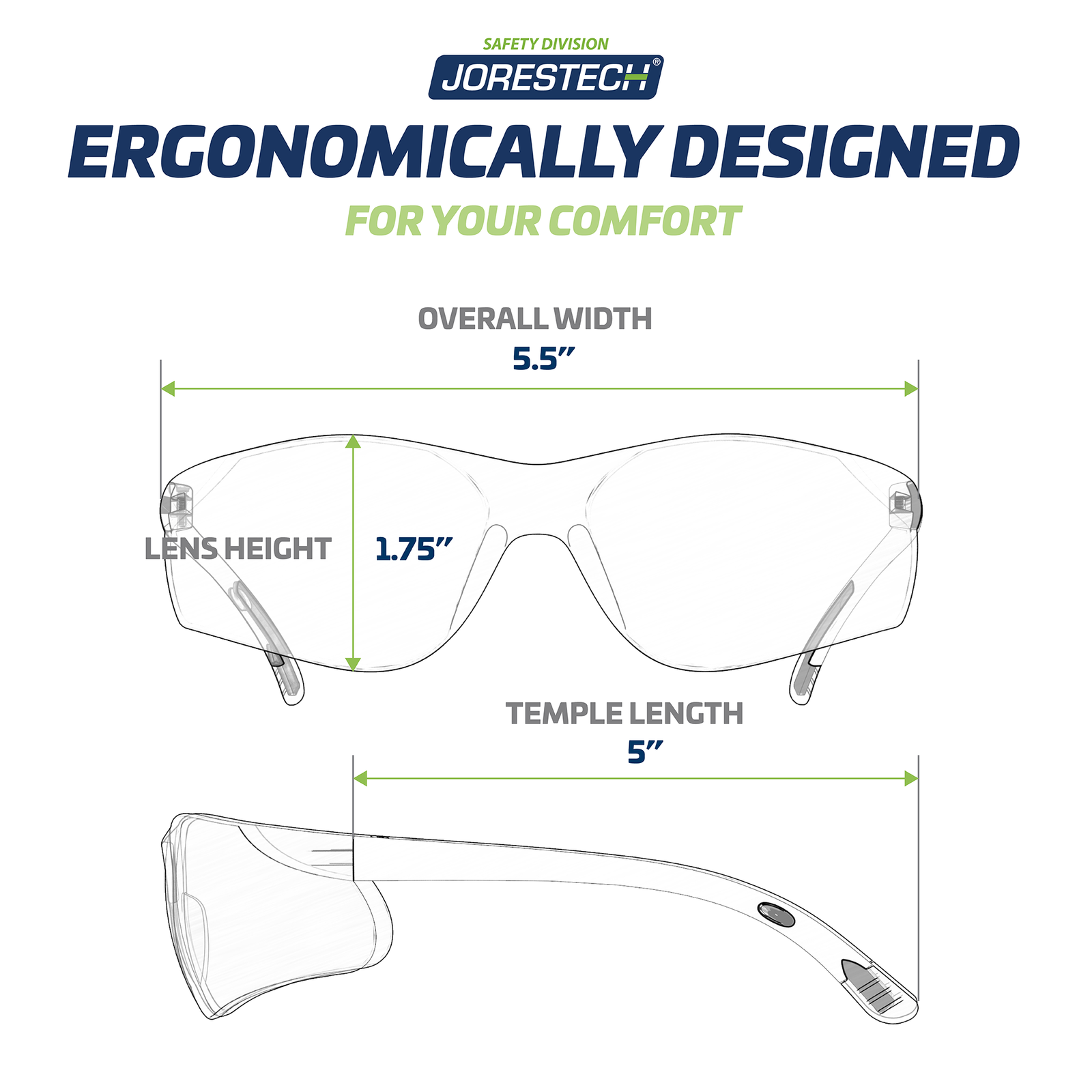 A diagram with measurements of the JORESTECH wraparound safety glasses. On top we see a front view of the glasses showing the overall width 5.5