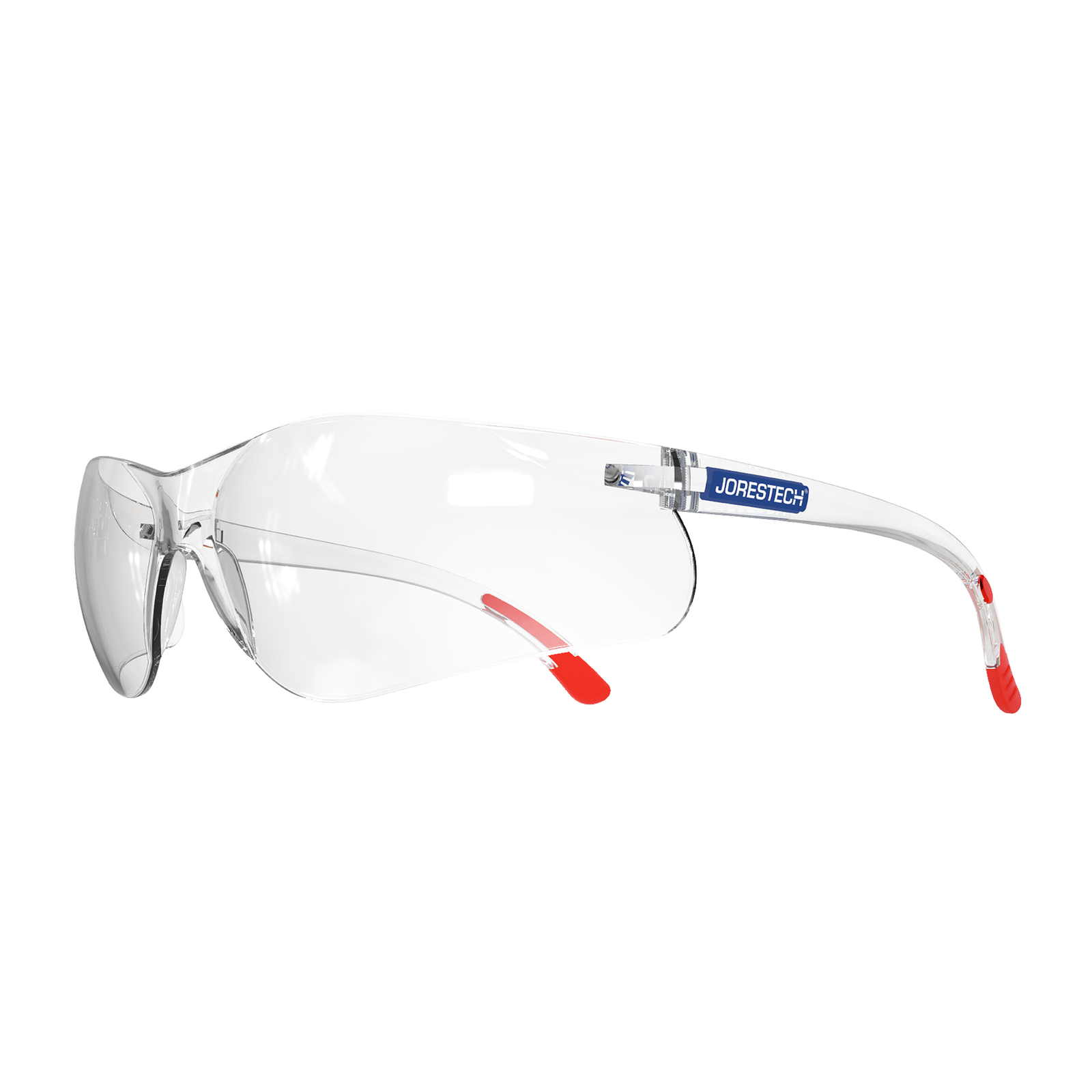 Diagonal view of the clear JORESTECH wraparound polyurethane safety glasses for high impact protection with red rubberized temple tips. 