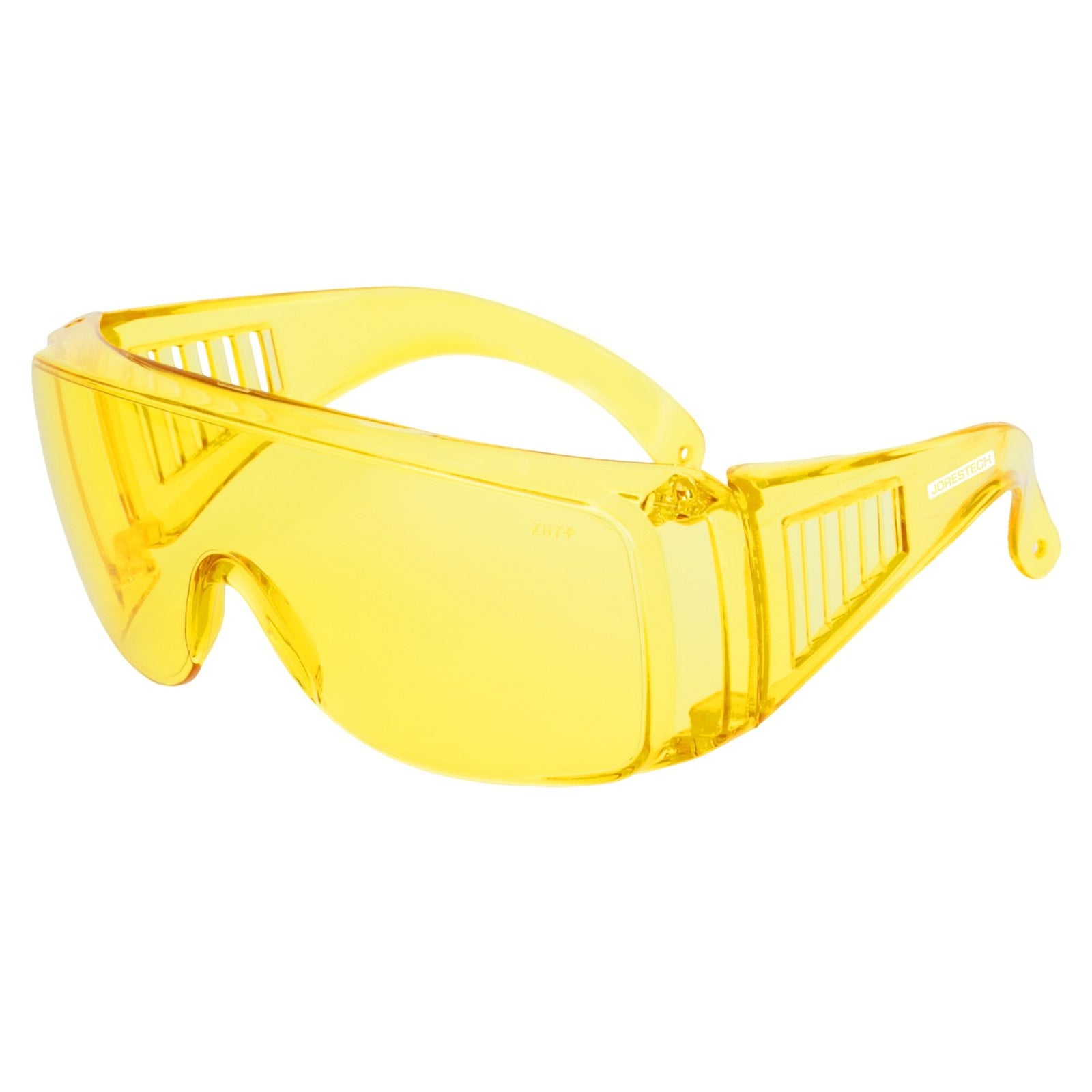 Diagonal view of the yellow Jorestech ANSI compliant safety overglasses for high impact protection on a white background