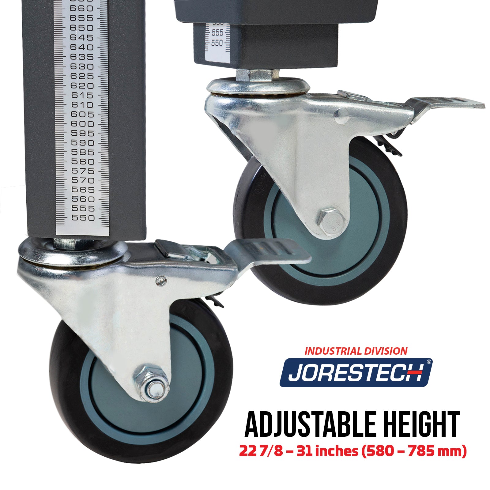 close up of black casters on case sealer. image shows JORES TECHNOLOGIES® logo and adjustable height measurements.