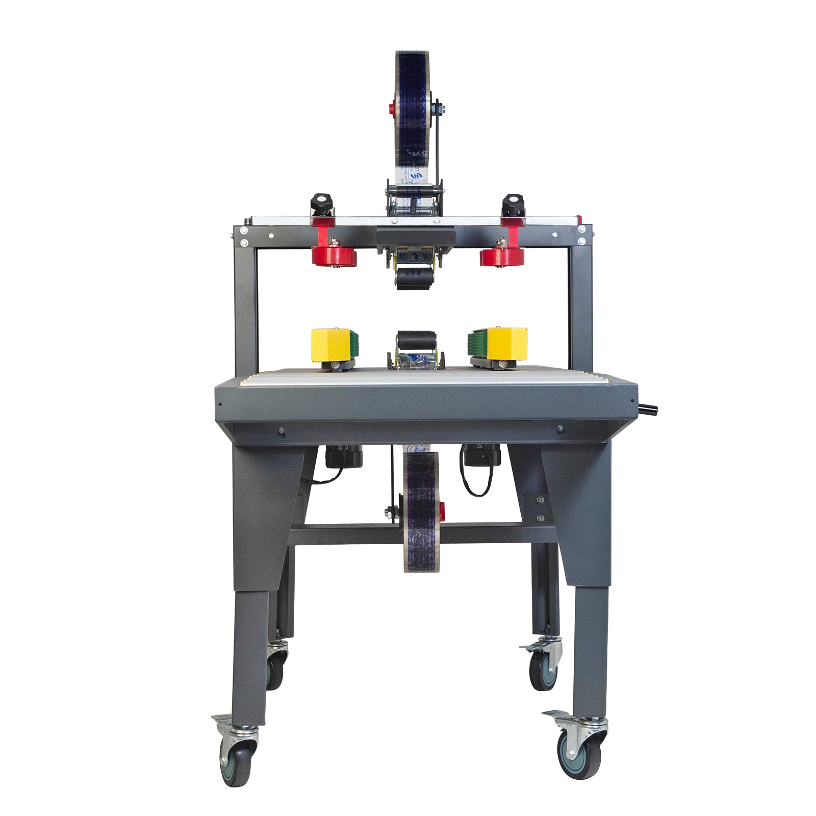 grey case sealer machine with yellow side tractions