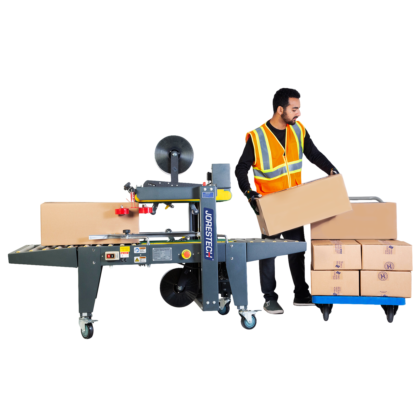young man wearing orange safety vest and black long sleeve moving box sealed by grey case sealer, on to cart with other boxes