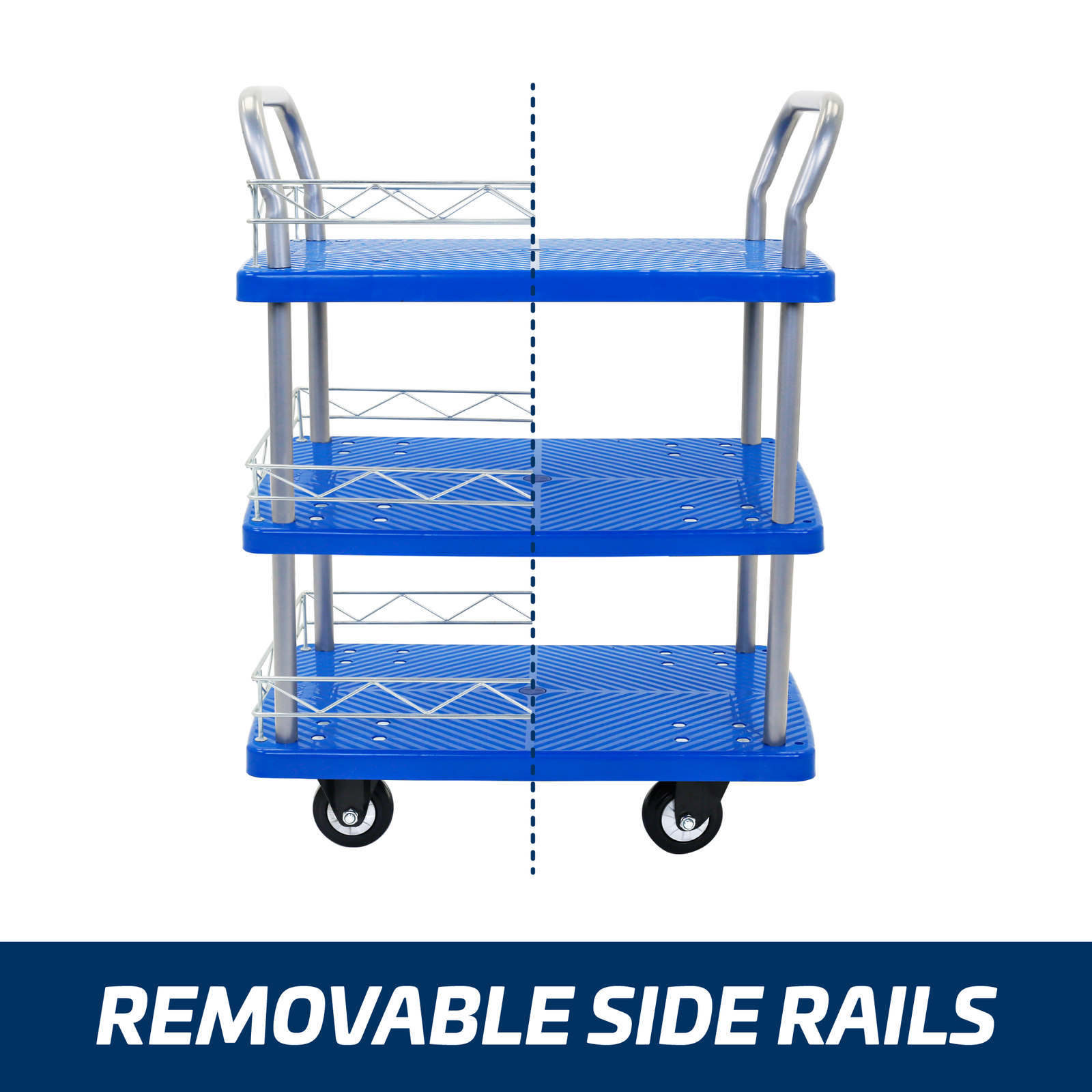 Front of the JORES TECHNOLOGIES® 3 shelf utility push cart with removable rails.
