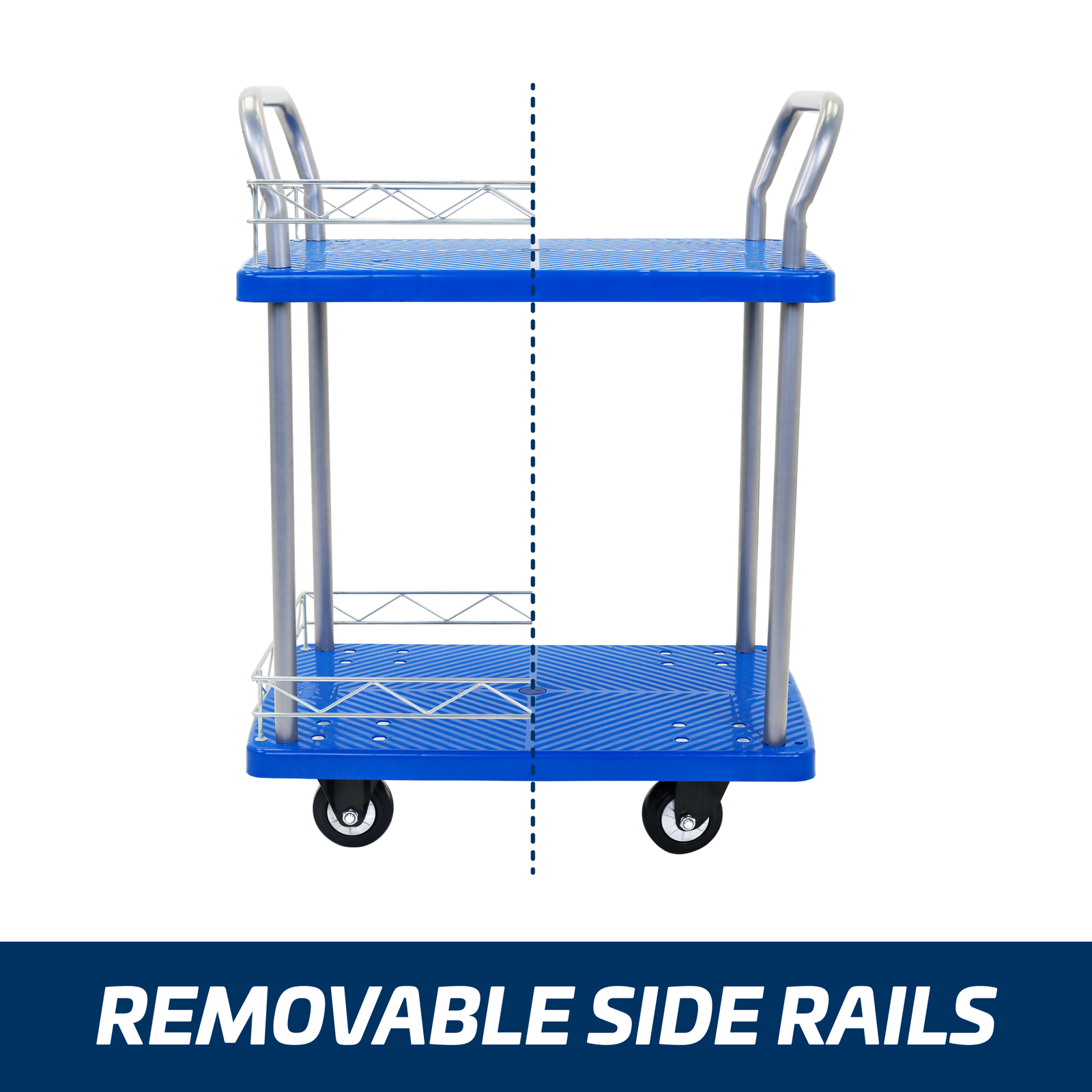 Frontal side of the JORES TECHNOLOGIES® 2 shelf utility push cart. It is shown how the cart can be used with or without the removable hand rails