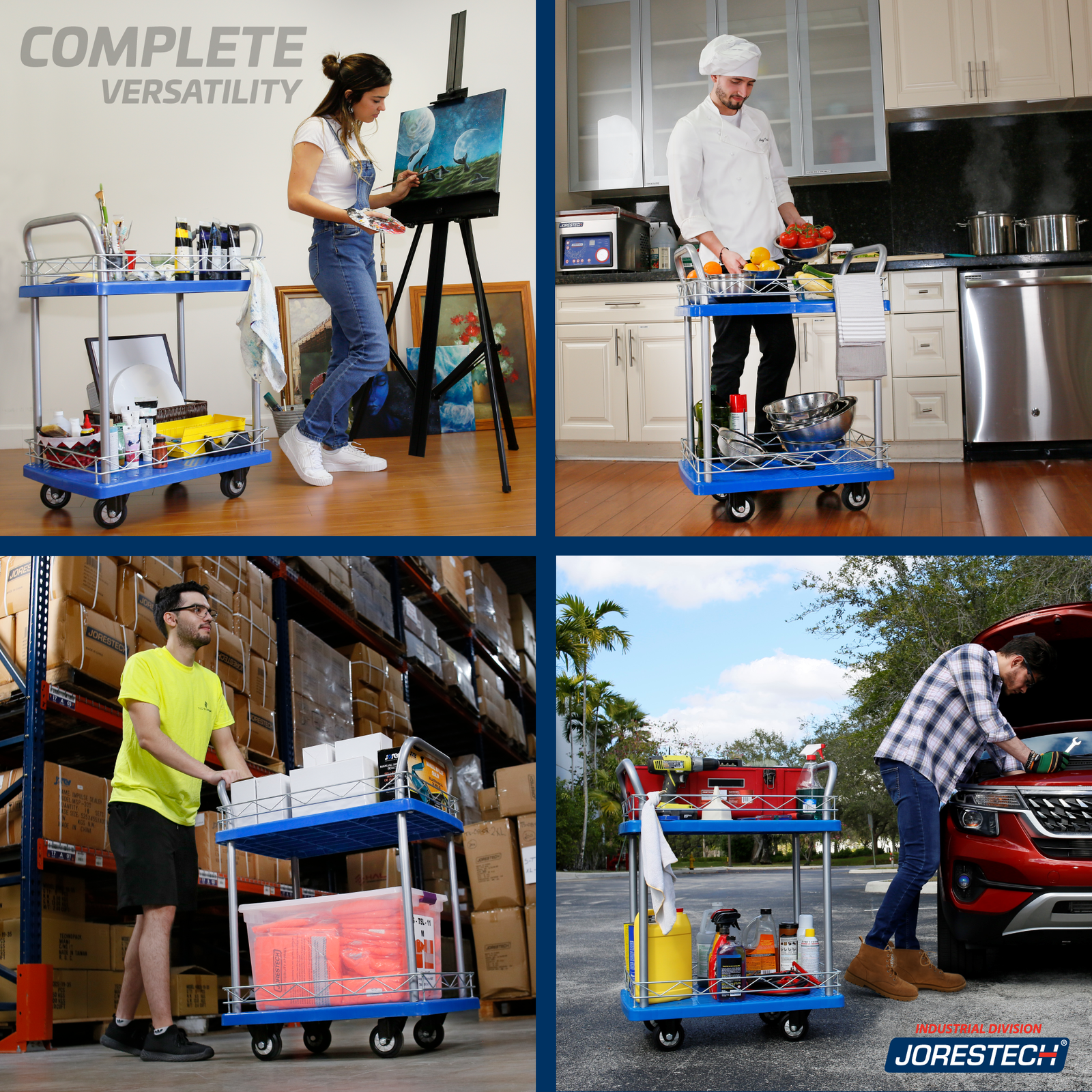 Banner split in four showing the JORES TECHNOLOGIES® 2 shelf utility cart being used in an art studio, in a professional kitchen, in a warehouse, and for doing car mechanic