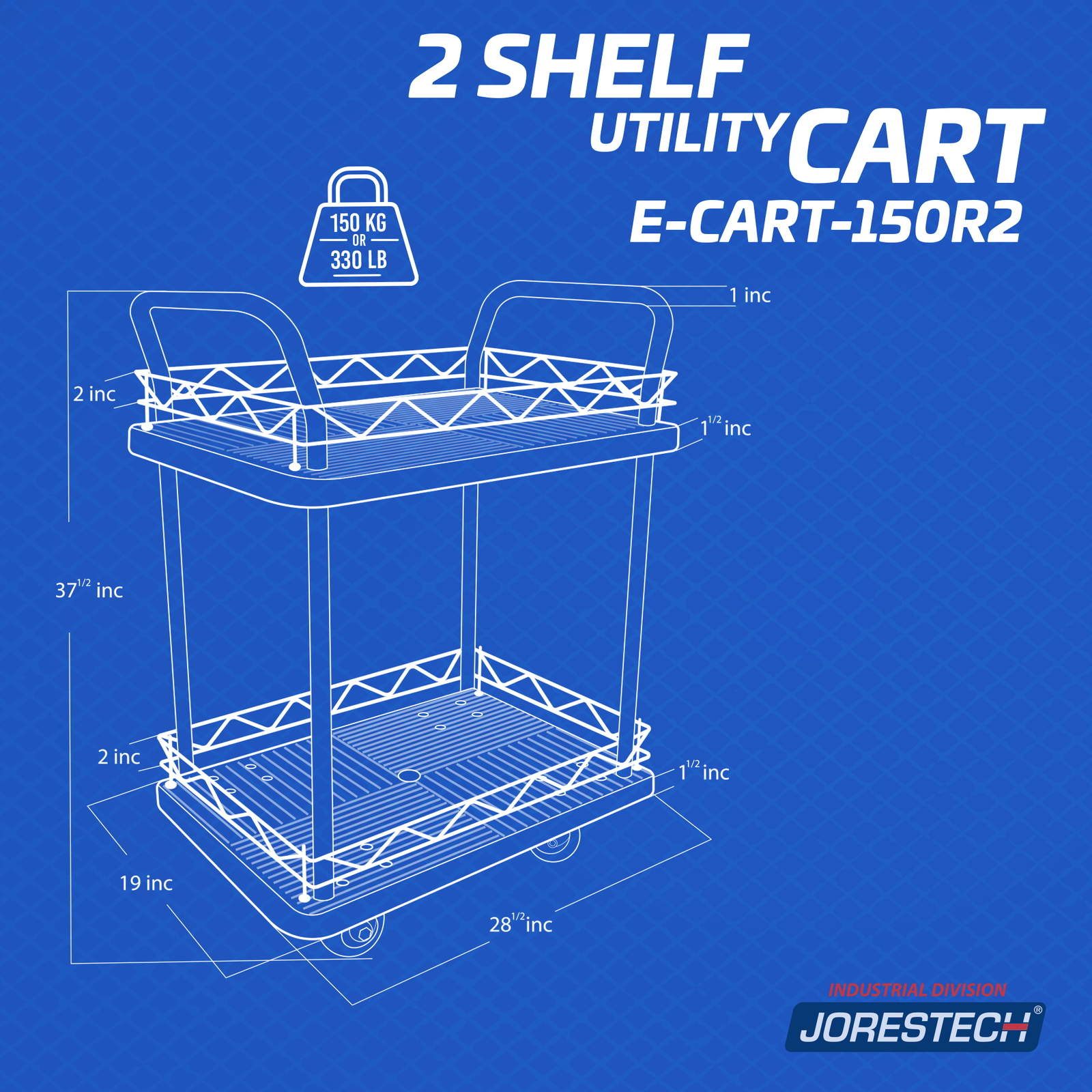 Graphic of the JORES TECHNOLOGIES® 2 shelf utility cart showing the max weight the cart can handle which is 150Kg or 330Lbs and  the measurements of the platforms of the dolly cart