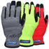 3 touchscreen safety work gloves of different colors that are included in the kit of 3 pairs. Colors are red, yellow/lime, and gray