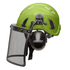Green hard hat with mesh face shield and earmuffs over white background