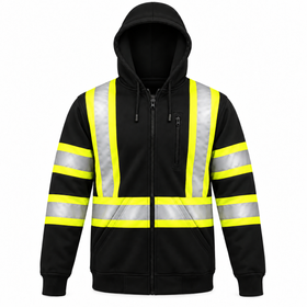 Hi vis safety hooded sweatshirt with reflective stripes and full zipper
