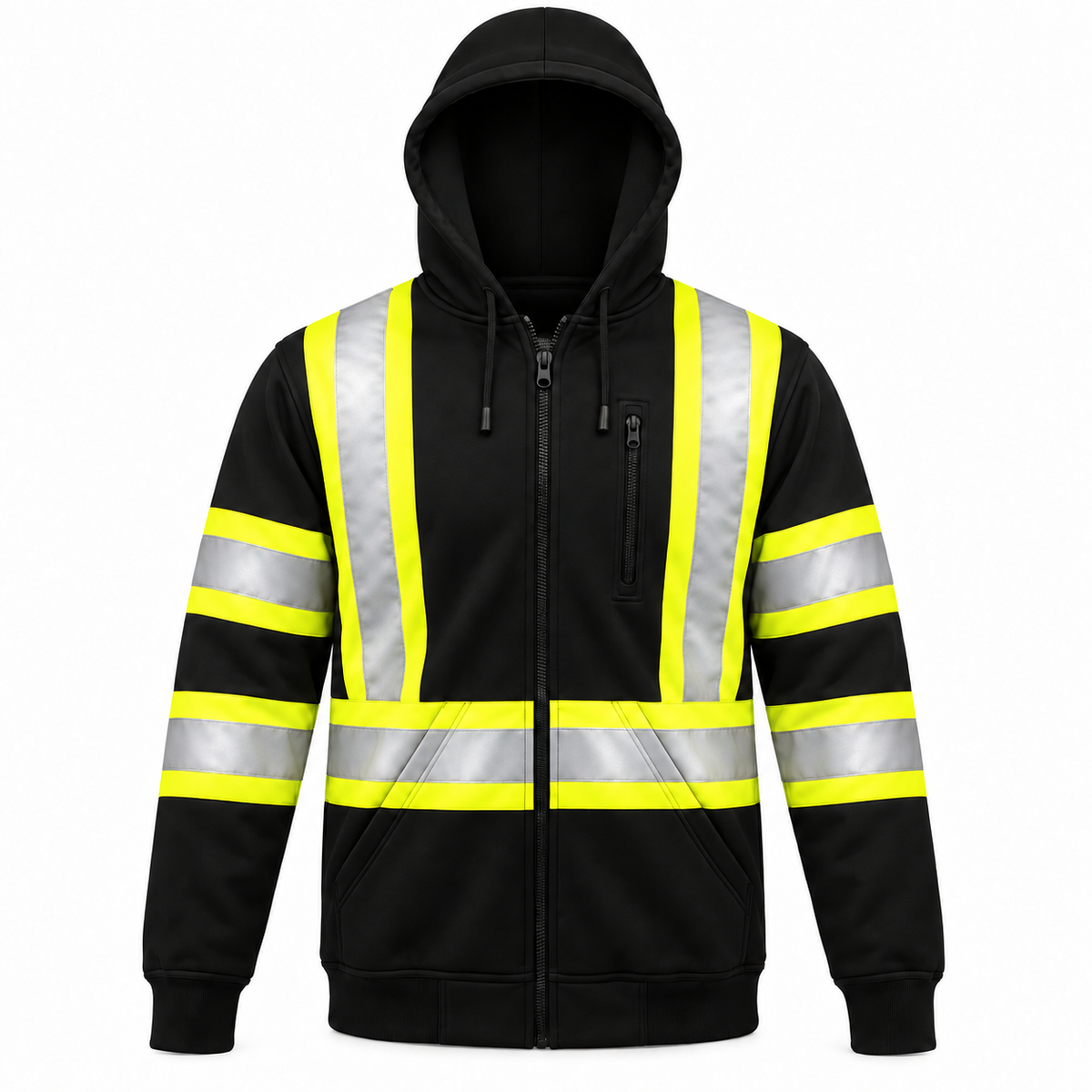 Hi vis safety hooded sweatshirt with reflective stripes and full zipper