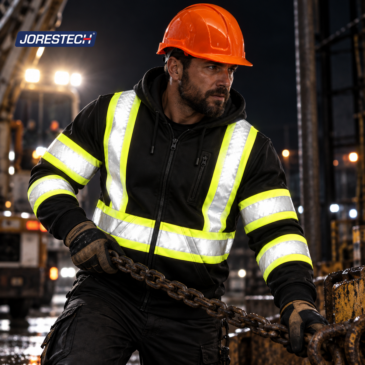 Black Hi-Vis Safety Hooded Sweatshirt with Reflective Stripes
