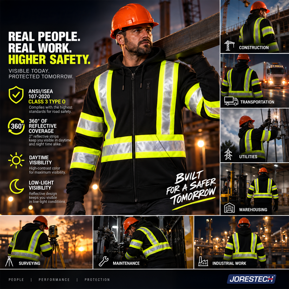 Black Hi-Vis Safety Hooded Sweatshirt with Reflective Stripes