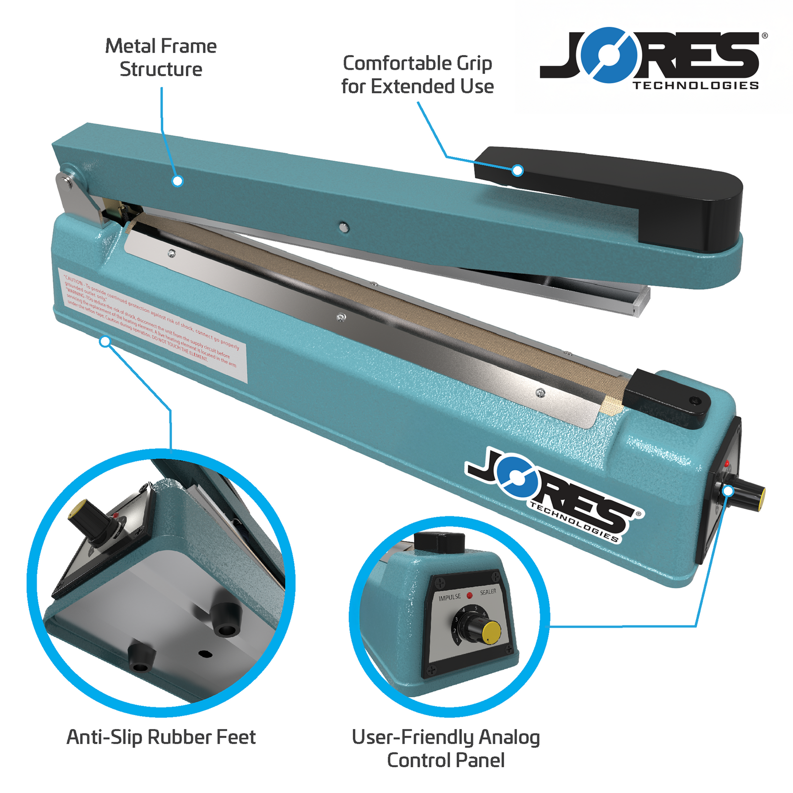 Manual impulse sealer over white background. Features include, Metal Frame Structure, Comfortable Grip for Extended Use, Anti-slip Rubber Feet, and User Friendly Analog Control Panel. Close-ups of rubber feet and control panel.