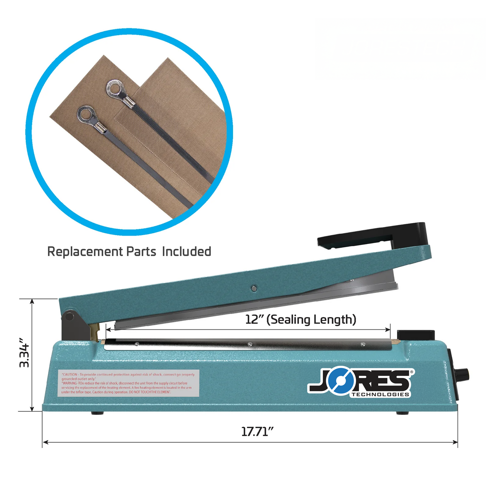 Infographic of blue JORES TECHNOLOGIES® manual impulse sealer with machine measurements. Highlighted feature reads 