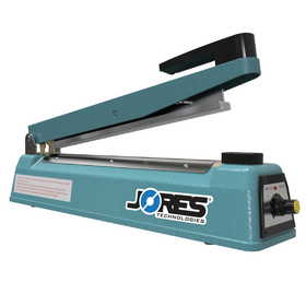 12 inch  manual impulse bag sealing machine. Heat sealing machine is shown with open jaw and JORES TECHNOLOGIES® logo.