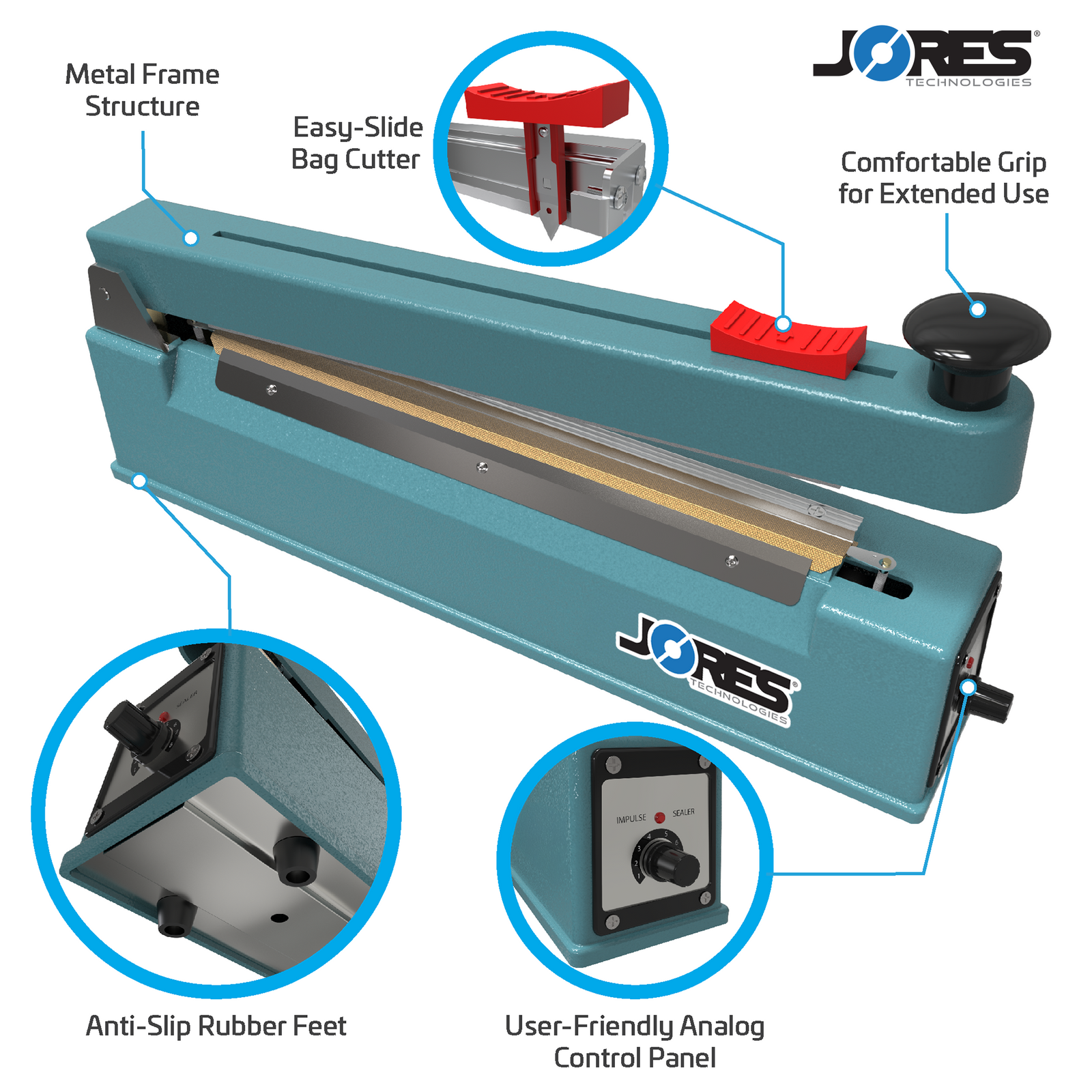 Infographic of 12 blue manual impulse sealer. Highlighted features include, Metal Frame Structure, Easy-slide bag cutter, Comfortable Grip for Extended Use, Anti-slip Rubber Feet, and User Friendly Analog Control Panel. Zoomed images show close-ups of rubber feet and control panel.