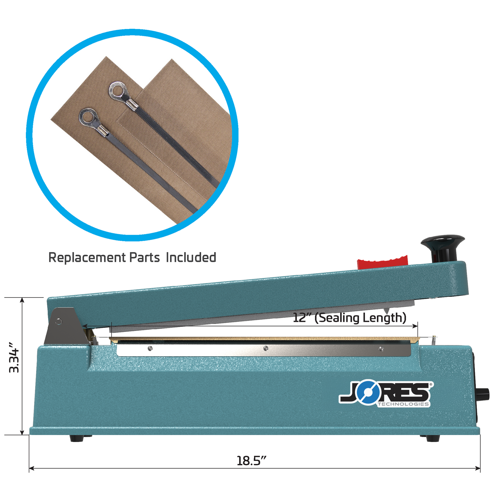 Measurements of a 12 inch seal manual impulse bag sealer. Highlighted feature reads 