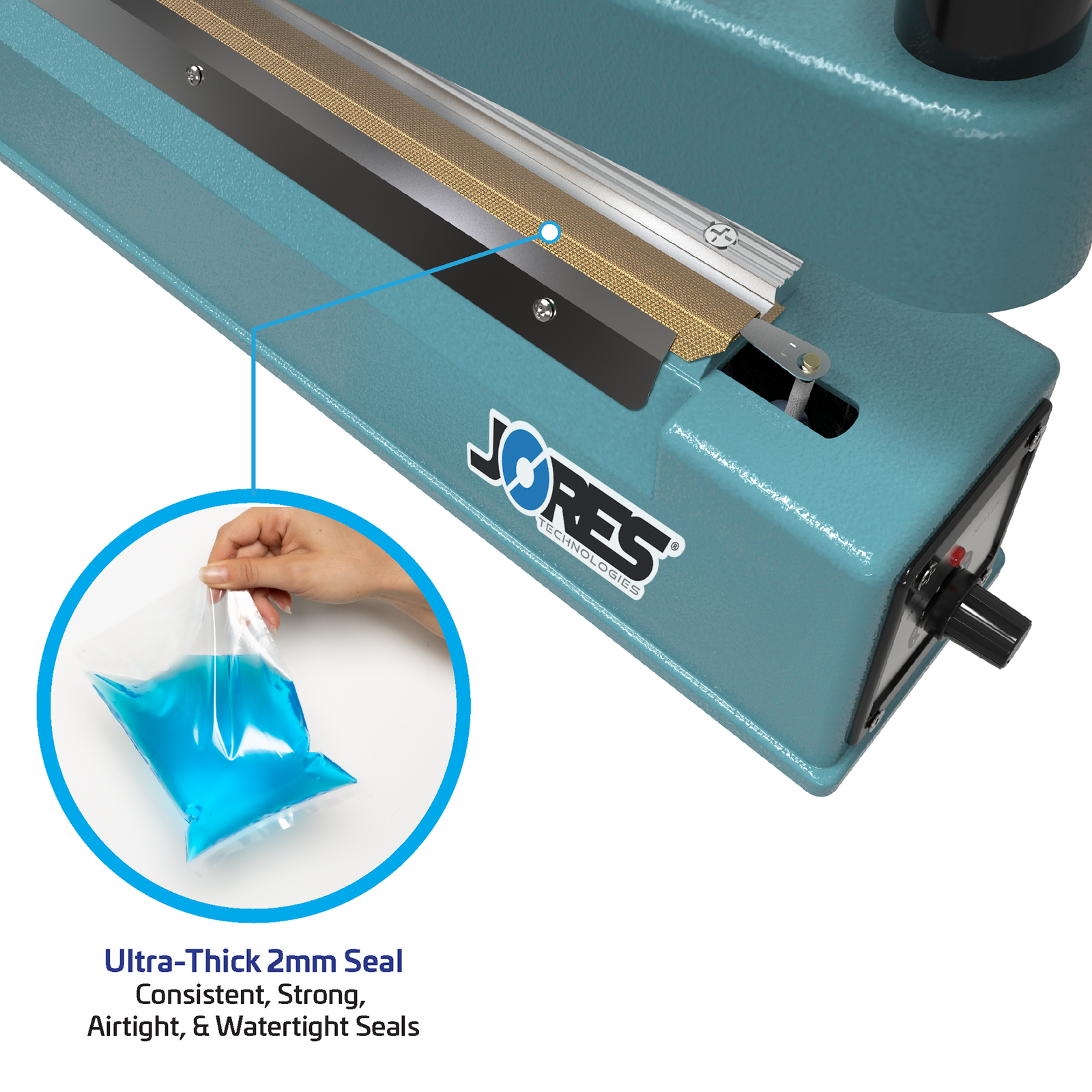 Infographic of the JORES TECHNOLOGIES® manual impulse sealer. Zoom in showing the sealing element. Feature reads 