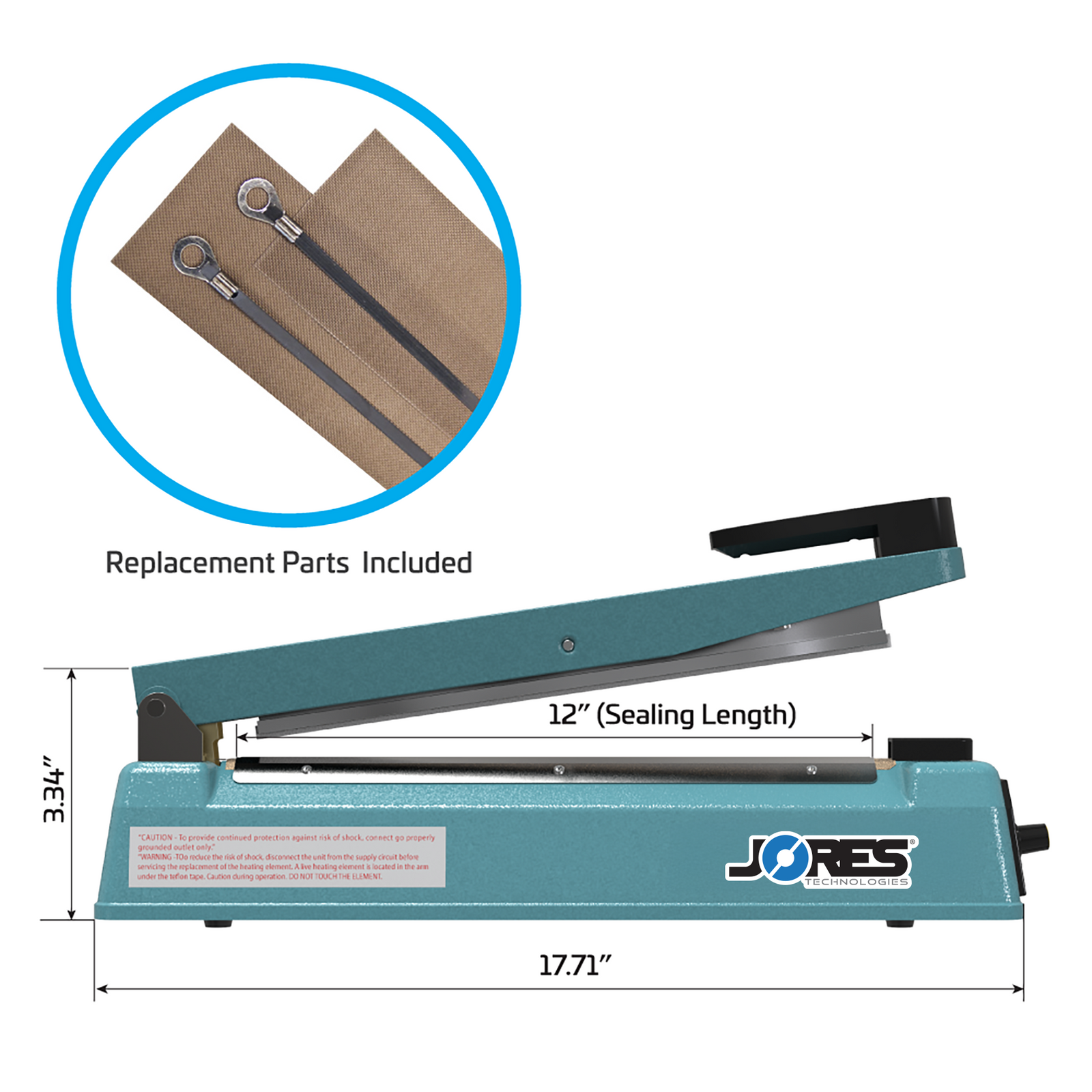 Manual impulse sealer with machine measurements. Highlighted feature reads 