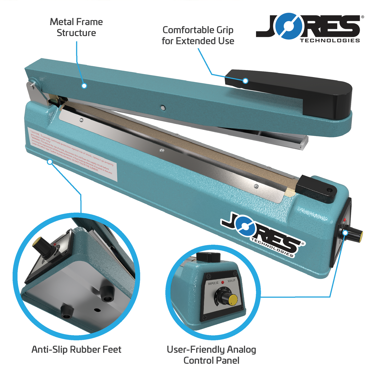 Blue manual impulse bag sealer by JORES TECHNOLOGIES®. Features include, Metal Frame Structure, Comfortable Grip for Extended Use, Anti-slip Rubber Feet, and User Friendly Analog Control Panel. Close-ups of rubber feet and control panel.