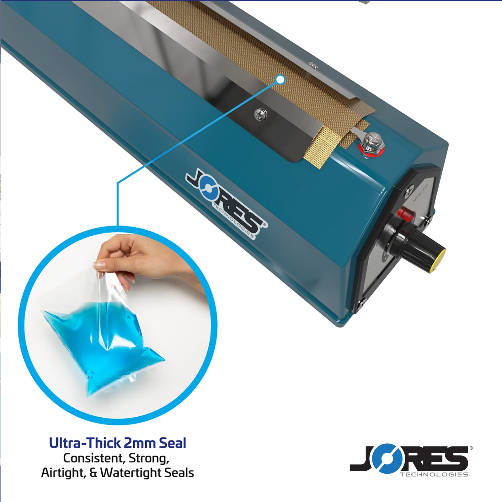 Infographic shows blue JORES TECHNOLOGIES® manual impulse sealer over white background. The image is zoomed in showing the sealing element. Highlighted feature reads 