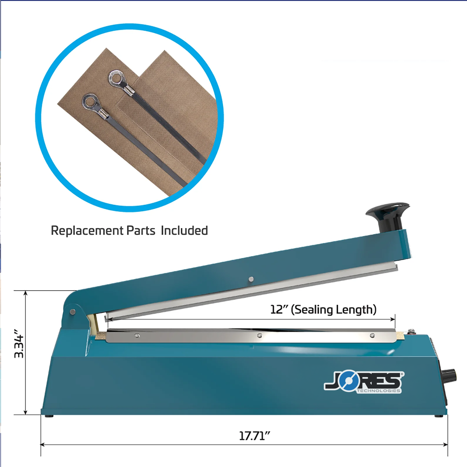 Infographic shows blue JORES TECHNOLOGIES® manual impulse sealer with machine measurements. Highlighted feature reads 