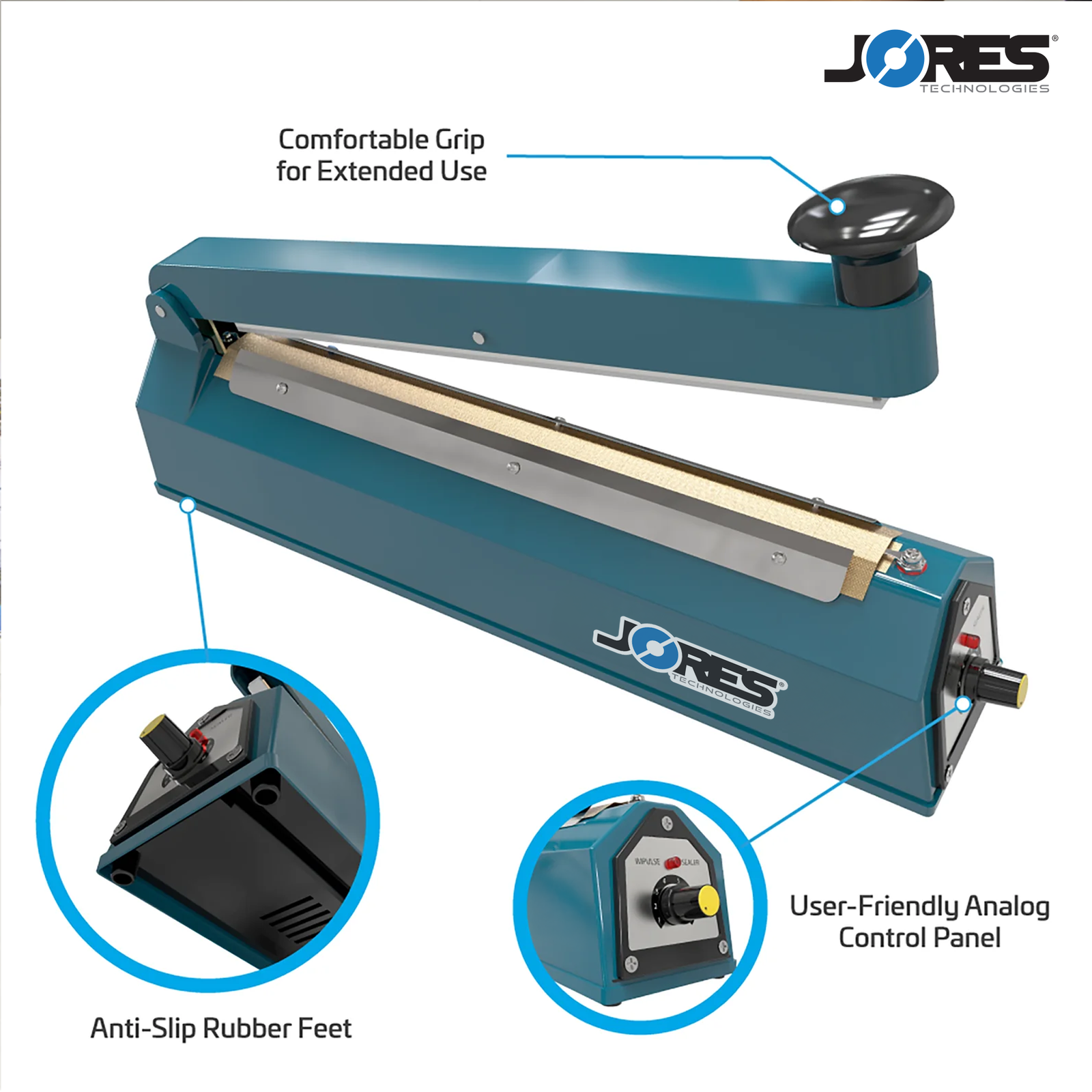 Infographic shows blue manual impulse seale. Highlighted features include, Comfortable Grip for Extended Use, Anti-slip Rubber Feet, and User Friendly Analog Control Panel. Zoomed images show close-ups of rubber feet and control panel.