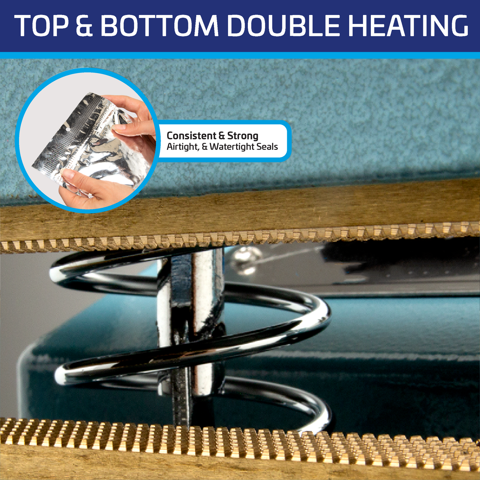 Close up shows the seal of a silver plastic bag and the top and bottom double heating metal sealing bars of the 16 inch foot constant heat bag sealer