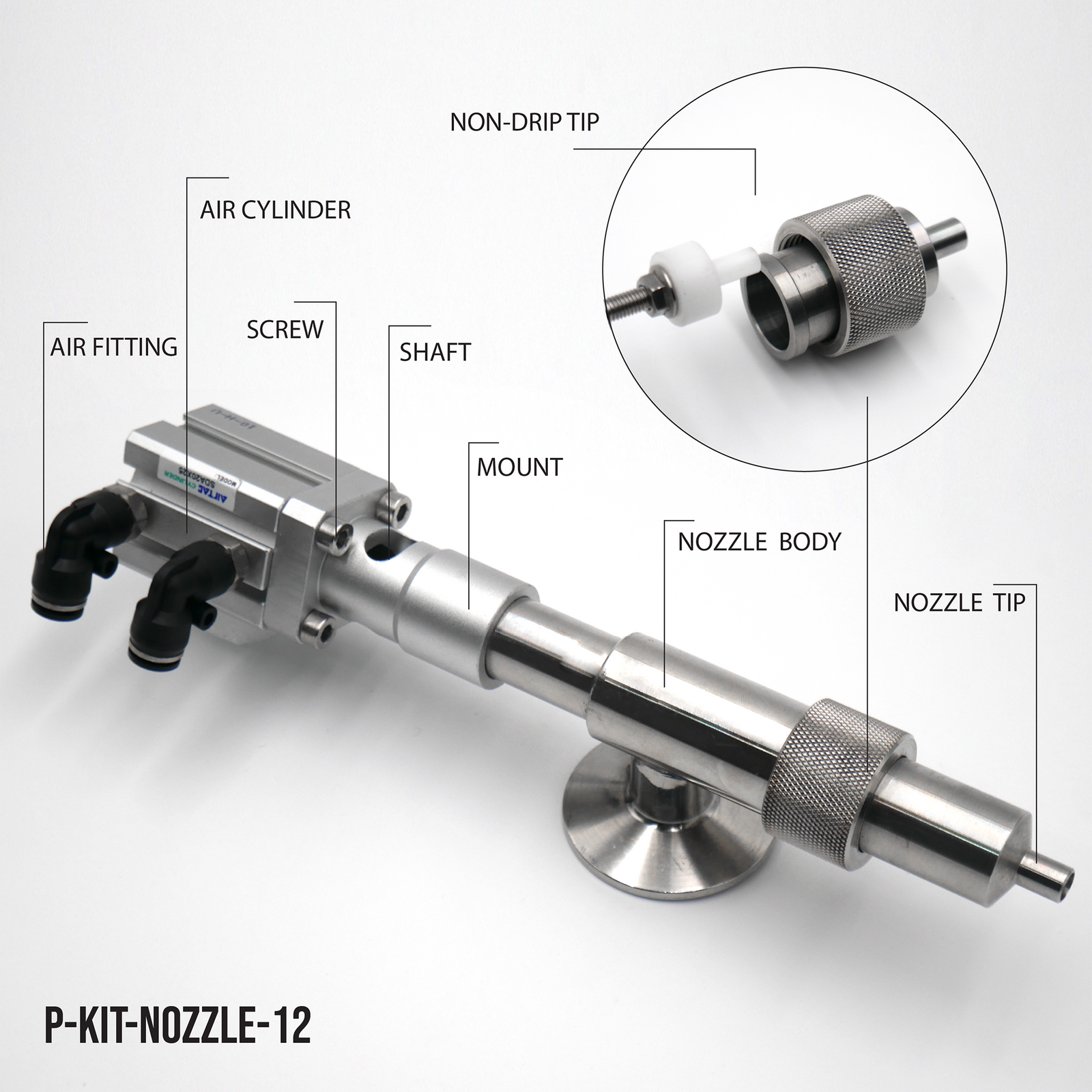 12mm dispensing nozzle assembly for liquid piston filling machines