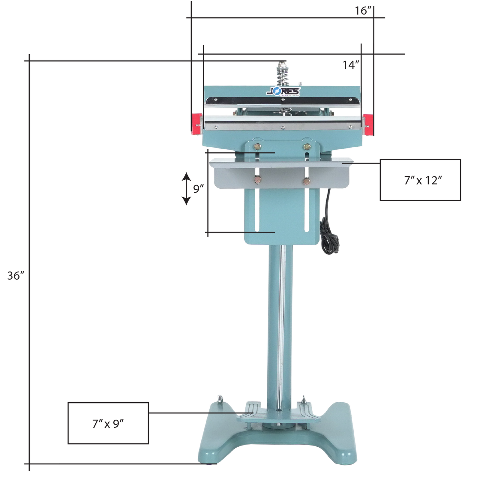 Infographic shows JORES TECHNOLOGIES® foot impulse bag sealer with machine measurements. Machine measurements are 17.71