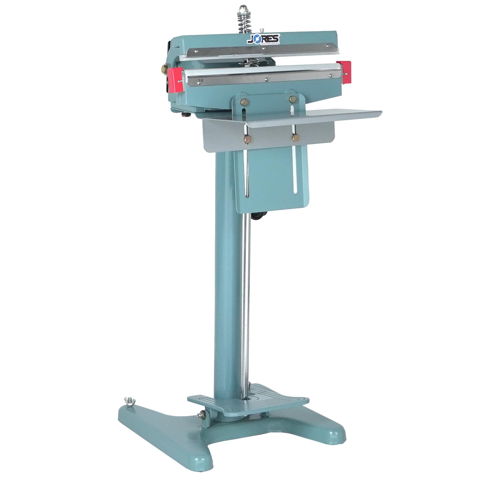 Blue foot impulse sealer over white background. Machine is shown with open sealing jaw and JORES TECHNOLOGIES® logo.