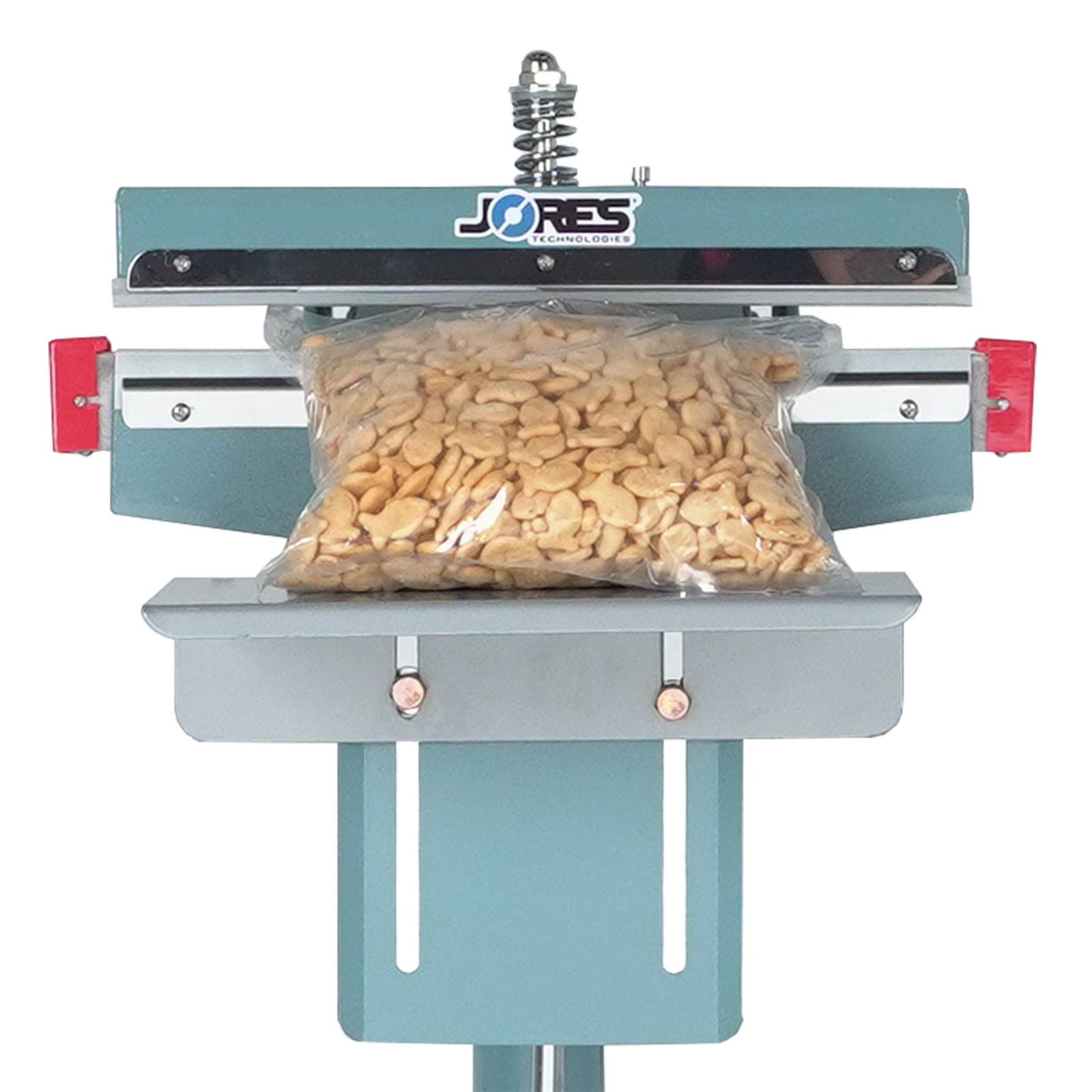 Blue foot impulse sealer over white background. Machine is shown with open sealing jaw and product being sealed, JORES TECHNOLOGIES® logo.