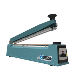Blue manual impulse sealer machine with cutter. Bag sealing machine is shown with open jaw and JORES TECHNOLOGIES® logo.