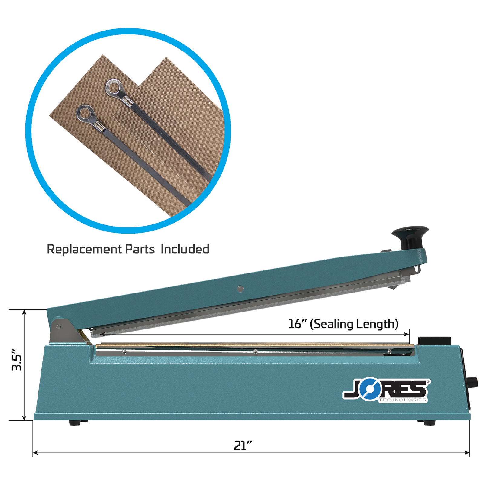 Infographic of manual impulse sealer with machine measurements. Highlighted feature reads 