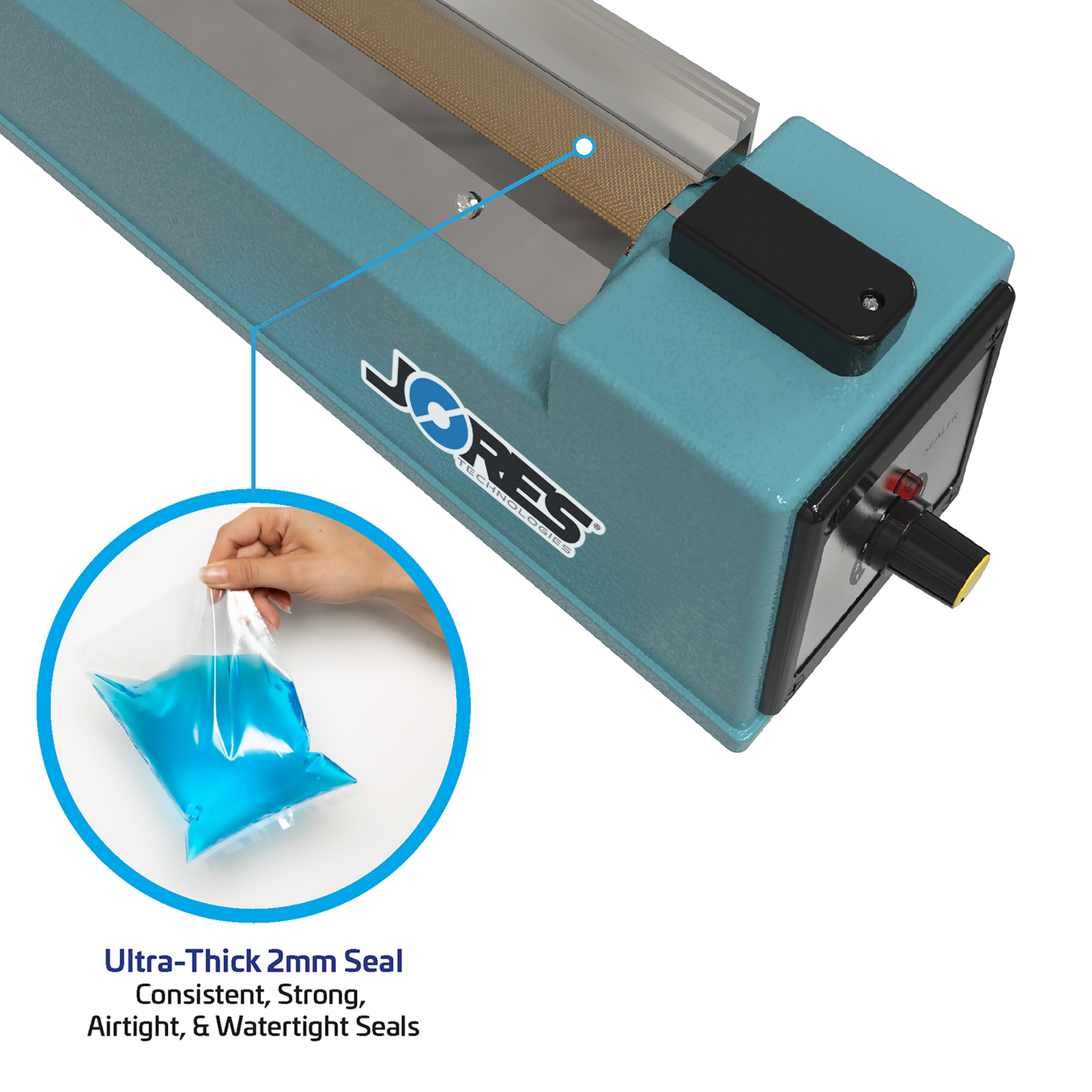 Infographic of the 16 inch manual impulse sealer. Zoom in of the sealing element. Feature reads 