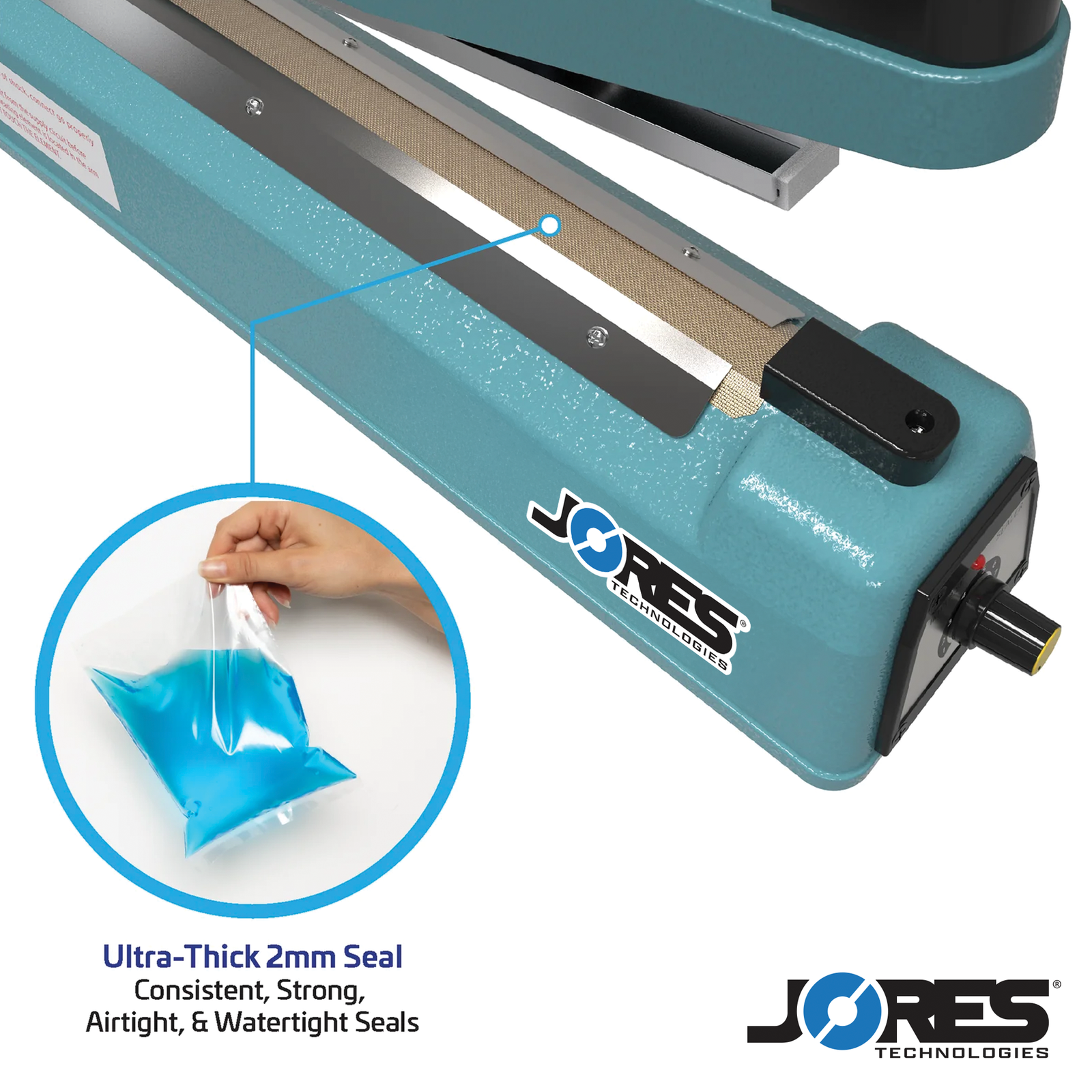 Manual impulse bag sealer with close up of the sealing element. Highlighted feature reads 